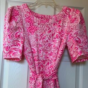 Lilly Pulitzer Pink and White midi Dress with Puff Sleeves